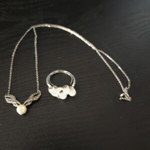 Avon Silver Tone Necklace And  Faux Pearls With Avon Faux Pearl Ring